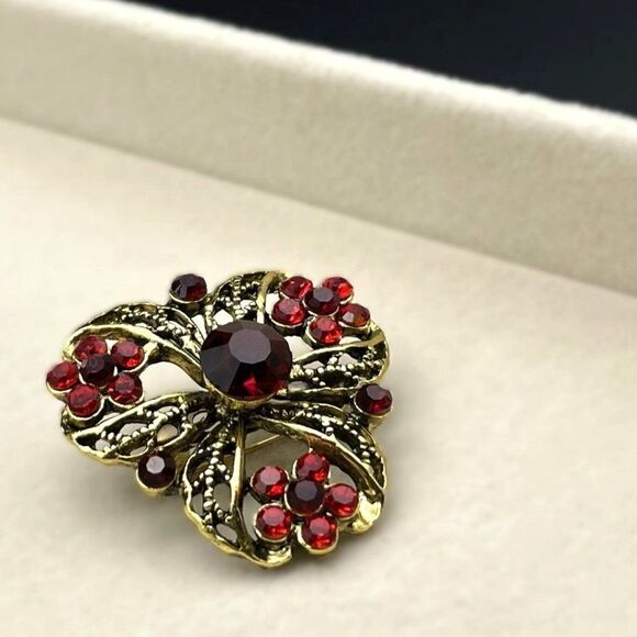 Yellow Gold with Ruby Red and Garnet Red Crystal Flower Pin Back Brooch - Picture 6 of 9